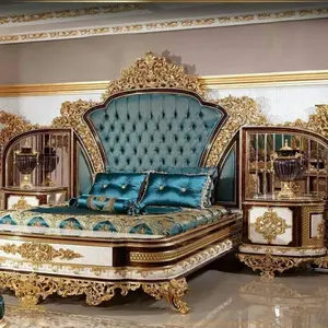 Ensemble de meubles de chambre à coucher classique personnalisé rembourrage en tissu antique sculpté en bois massif lit King Size de la famille royale