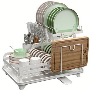 Étagère de rangement pliable à 2 niveaux en acier pour égouttoir sous évier de cuisine, support pour assiettes, bols et ustensiles, organisateur d'évier - Product Image 2