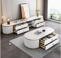 Ensemble table basse et meuble TV de luxe nordique pour salon, plateau en pierre, mobilier moderne, structure en acier doré