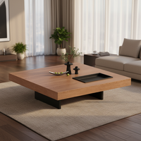 Table basse carrée minimaliste, plateau en marbre, cadre en bois massif, design moderne haut de gamme, grain de bois de noyer, pieds en acier carbone, rangement