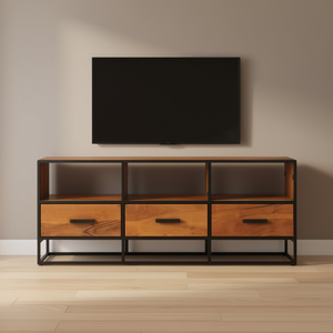 Mobile TV Marrone Miele in Legno Massello di Acacia e Ferro Verniciato a Polvere, Mobile TV Moderno per Soggiorno - Product Image 2