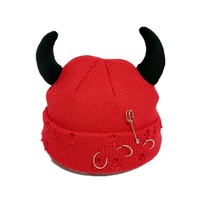 Bonnet en tricot unisexe avec cornes de démon, style streetwear décontracté, effet vieilli, chaud, pour l'automne et l'hiver