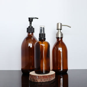 Frasco de vidrio ámbar grueso Dispensador de desinfectante de manos <span class=keywords><strong>Baño</strong></span> con bomba de acero inoxidable negro mate 12 oz Botella redonda Boston transparente - Product Image 4