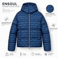 Blousons d'hiver matelassés personnalisés haut de gamme avec capuche imprimée intégrale, construction matelassée, capuche ajustable, personnalisation de la marque