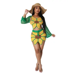 Boutique s Clothing Summer Sexy Sunflower Beach Suits Two Piece Skirt Set Knitted Crochet Outfit For Women