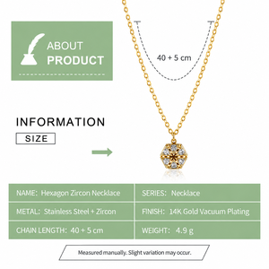 Hexagon Zircon Necklace Stainless Steel 14K <b>Gold</b> Vacuum Plated Geometric Pendant Fine Chain Jewelry - Product Image 2