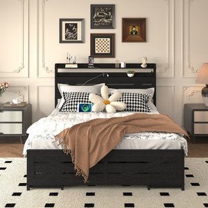 Lit plateforme Queen Size style farmhouse avec 12 tiroirs de rangement, éclairage LED, tête de lit avec rangement et station de charge pour chambre à coucher - Product Image 2