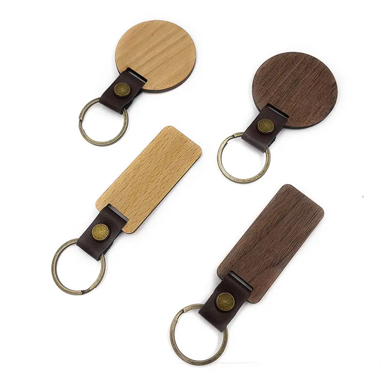Boutique beech Walnut wood Key chain Blank sublimation key Holder Metal Leather Wood Keychain Bar DIY Keychain Accessory