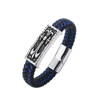 Gelang Kulit Pria dengan Gesper Magnetik, Anyaman, Aksesoris Rantai Tangan Motif Bunga Salib Vintage