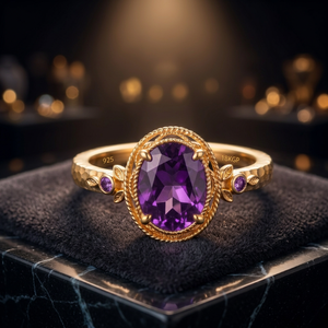 Anillo de Plata 925 Chapado en Oro de 18K con Incrustaciones de Circonio Morado Ovalado Creado en Laboratorio, Banda Martillada con Detalle de Hoja, Joyería de Moda para Mujer - Product Image 3