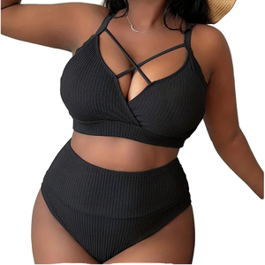 Maillot de bain bikini deux pièces pour femme, taille haute, couleur unie, col en V, séchage rapide, grande taille - Product Image 1