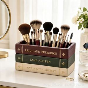 Wooden Book Shaped Storage <b>Box</b> Rectangle Desktop Organizer For Tableware And <b>Makeup</b> Brushes No Lid Standing Type - Product Image 5
