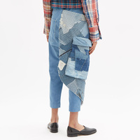 OEM ODM Pantalon en jean asymétrique patchwork pour homme, style tablier, avec mousqueton tactique et sangle, coupe courte, Sashiko Boro Harem