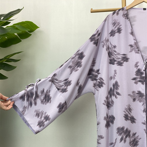 Floral Printed Chiffon Abaya Women Elegant Tie Sleeve Open Front Kimono Modest Dubai Muslim <b>Dress</b> <b>For</b> Wedding Daily Wear (6924) - Product Image 6