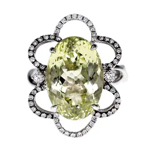 明亮的椭圆形/圆形18k白金白色钻石戒指，绿色绿柱石礼品
