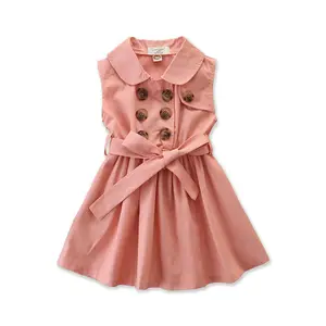 Летняя детская юбка без рукавов с воротником, модное двубортное платье с поясом для девочек