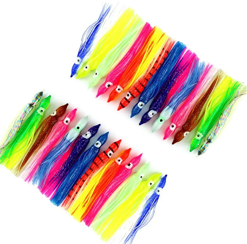 100 pz/borsa 5-15cm 20 colori morbida plastica traina esche da pesca morbide con gonne di polpo e gonna luminosa calamari