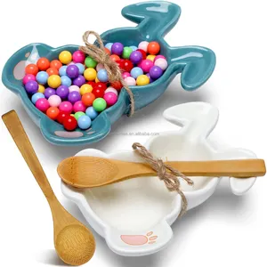 复活节兔子糖果盘陶瓷复活节兔子形盘子可爱蓝白兔子用勺子供应有趣的糖果盘