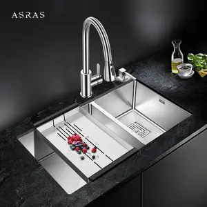 Asras SUS304 نموذج 7843B التوأم عاء متعددة الأغراض بالوعة مع المطبخ الحنفية الصانع حوض مطبخ مصنوع يدويًا