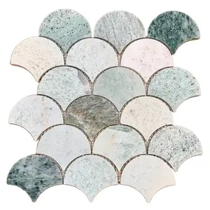 Ming hijau marmer mosaik kipas ubin skala ikan keramik ubin dinding dapur kamar mandi ubin mosaik