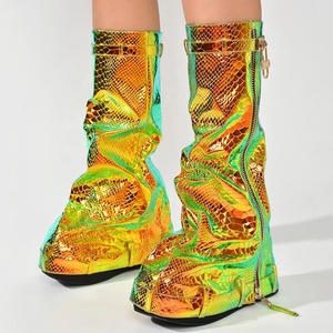 Colorful Gold Big Size 48 Women <b>Round</b> <b>Toe</b> Overlay Shoes Lady Lock Shark Wedges Long Booties Zipper Thick Soles Knee High Boots - Product Image 1