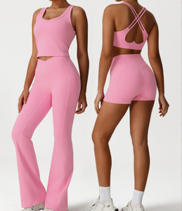 Nouveau Ensemble de Yoga 2 Pièces Tendance pour Femme : Soutien-gorge de Sport Dos Nu et Short Évasé Effet Push-up pour Entraînement et Fitness - Product Image 1