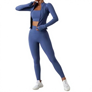Women Yoga Set High Waist Leggings Long Sleeve Crop Top Blue Solid Color Breathable Stretch Fit All Seasons - Product Image 1
