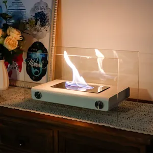 Dikdörtgen cam masa ateş çukuru yeni renk beyaz dumansız şömine Metal taban ayrılabilir vidalar sabit şömine