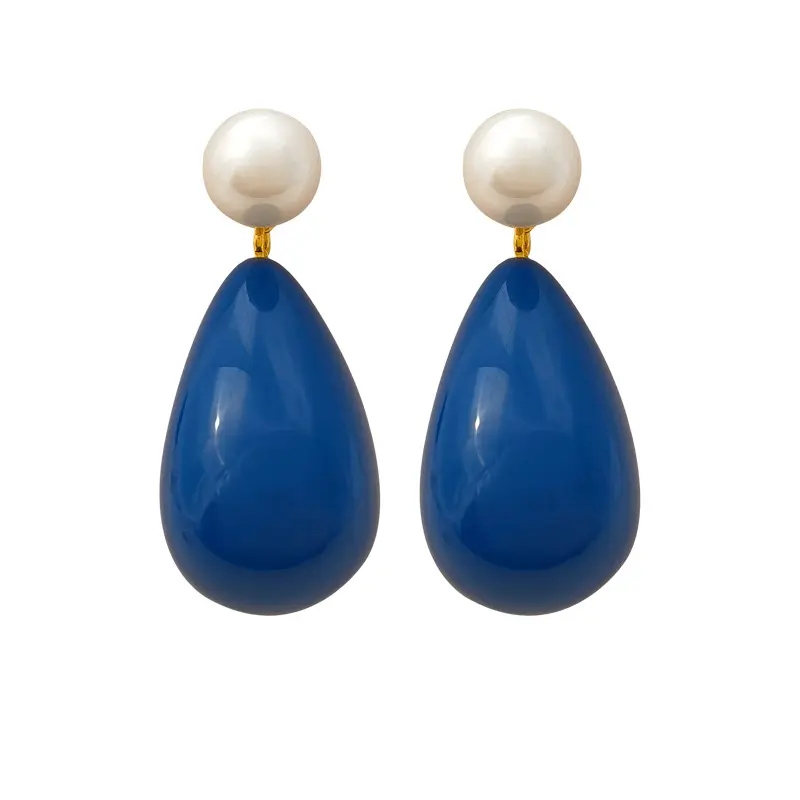 Yiwu wholesale S925 silver pin deep blue bolor teardrop non-allergenic ear-friendly pearls 18K gold plated earrings