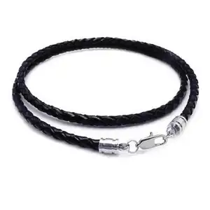 Kalung tali kepang kulit hitam 5mm rantai kabel gesper baja tahan karat untuk Aksesori pembuatan perhiasan liontin gelang DIY