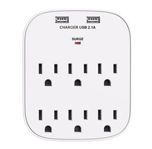 [OEM] Regleta de Pared Certificada UL con 6 <span class=keywords><strong>Tomas</strong></span> + 2 USB 2.4A, Protección Contra Sobretensión, Empaquetada en Blíster Individual - Product Image 1