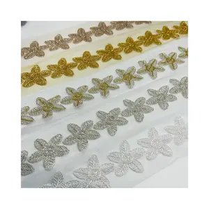 Affinità moda oro ricamato floreale con finiture in pizzo con paillettes in rete con perline rifiniture in pizzo per abito