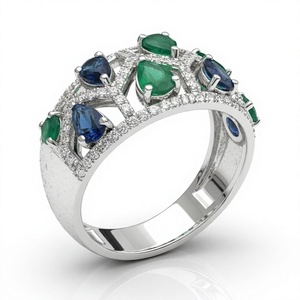 Bague de fiançailles et d'anniversaire classique en or plaqué 18 carats avec émeraude et saphir bleu, et diamants naturels pour femme, plaqué or - Product Image 2