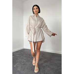 Chemise en popeline rayée couleur café clair pour femme, avec ceinture, style décontracté, à nouer et à boutons, pour tous les jours - Product Image 3