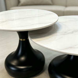 Ensemble de tables basses rondes modernes, plateau en marbre, base en métal noir, meubles contemporains pour salon - Product Image 2
