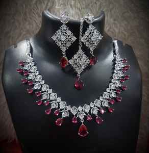 Contemporary Design White and Pink American Diamond Studded Triangular Necklace Earring <b>Fashion</b> <b>Jewellery</b> Set For Women - Product Image 4