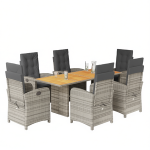 Conjunto de Comedor de Jardín de Ratán Gris para 6 Personas, Mesa de Teca Resistente a la Intemperie, Muebles de Exterior de Estilo Contemporáneo - Product Image 1