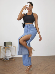 <span class=keywords><strong>Jeans</strong></span> blu di alta qualità di ultimo Design con fori e forchette <span class=keywords><strong>Jeans</strong></span> strappati da donna - Product Image 4