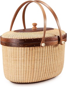 Cesta de mimbre de fresno duro con tapa y asas de madera, cesta artesanal con doble asa de madera, cesta de picnic para exteriores - Product Image 4
