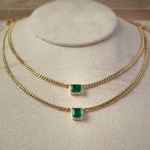 2022 Elegant 18K Solid Yellow Gold Green Natural Emerald Diamond Gemstone Pendant Necklace Fine Jewelry for Women Girl for Gift