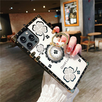 Étui de téléphone en TPU rectangulaire avec support de bague de luxe, motif floral brillant, pour iPhone 16 15 14 13 12 Pro Max, accessoires de téléphone en gros