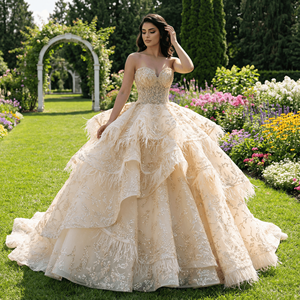 Robe de soirée champagne Rsm251149 pour femme, col cœur, sans manches, dos lacé, à sequins, à volants, robe de luxe Jancember - Product Image 1