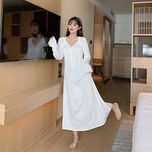 Recién llegado, Vestidos de Noche de Modal de algodón de manga larga Vintage, ropa de descanso con cuello en V y almohadillas, ropa de noche dulce de otoño para mujer - Product Image 4