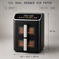 Friteuse à air électrique 12L à double tiroir avec fenêtre de visualisation, circulation d'air chaud à 360 degrés, contrôle de température 80-200°C pour usage domestique
