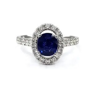 مصنع صيني تسليم سريع خاتم زفاف من الياقوت الأزرق للنساء من الذهب الأبيض عيار 14 قيراط من الماس الطبيعي الناعم