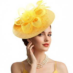HZO-26031 Populaire Coiffe en maille fleurie, accessoire capillaire en paille tressée et plumes, pour courses hippiques, festivals, goûters, mariages et bals de promo - Product Image 4