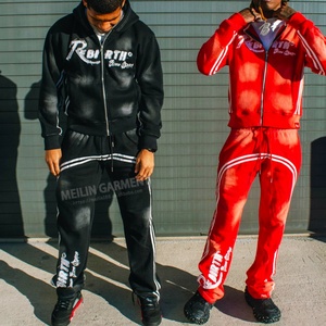 Acid Wash Sweat Suits Custom logo Men Tracksuit Unisex Jogger <b>Set</b> <b>Embroidery</b> Patch Zip up Hoodies and Sweatpants <b>Sets</b> for Men - Product Image 2