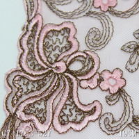 Dentelle brodée de 19 cm avec fil doré et fleurs roses pailletées, tissu en maille nude pour hijab musulman, foulard et robe