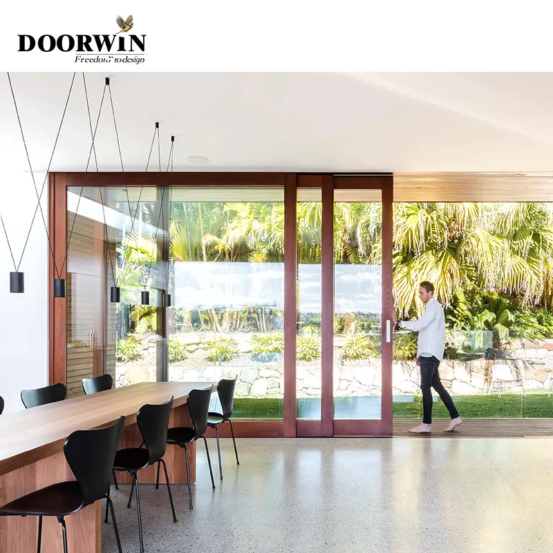 Doorwin تكساس حار بيع رأي كبير الفاخرة مزدوجة زجاج أمان فولاذي عازلة للصوت خشبية إطار مزدوجة المزجج انزلاق الأبواب