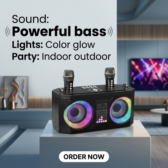 Multifunctional Bluetooth Karaoke Speaker with Wireless Charging Dual Mics RGB LED Light Alarm Clock Phone Stand